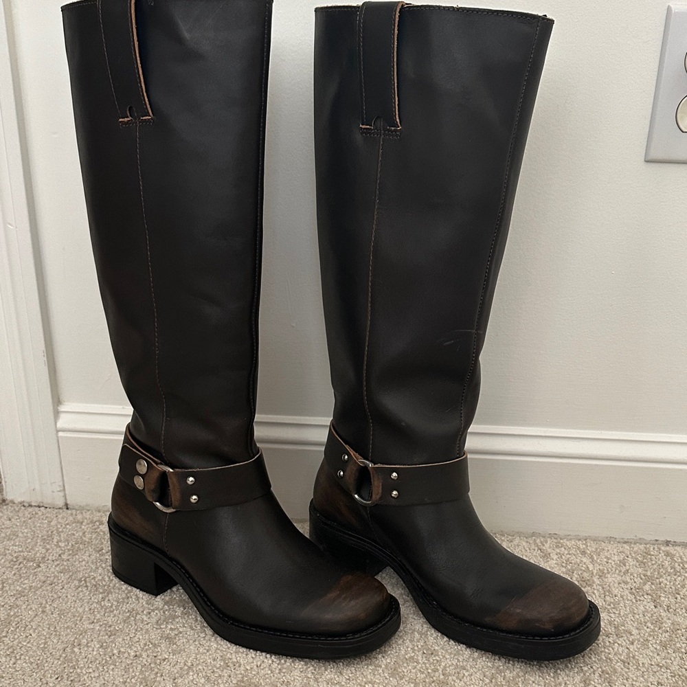 Pilcro Women's Tall Black Leather Moto Riding Boots, size 8-8.5.
